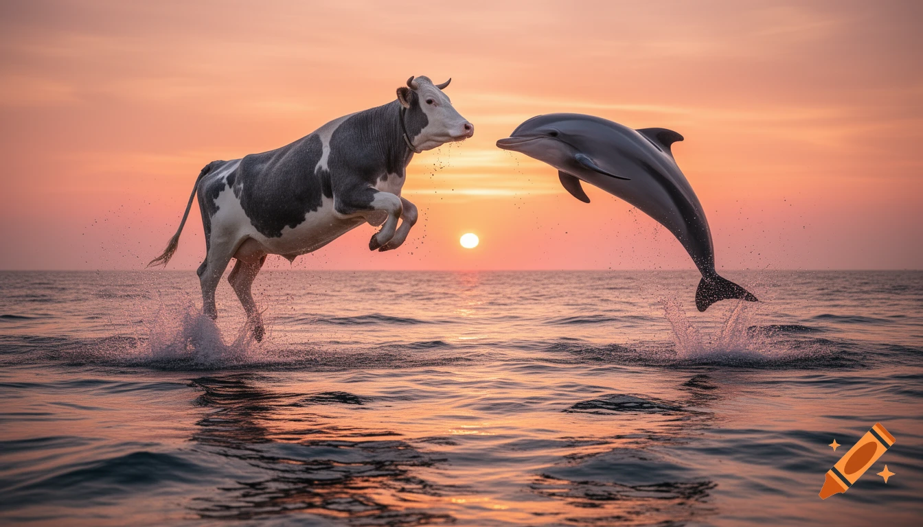 A photorealistic image of a spotted cow and a dolphin leaping from the ocean water at sunset, with visible water splashes.