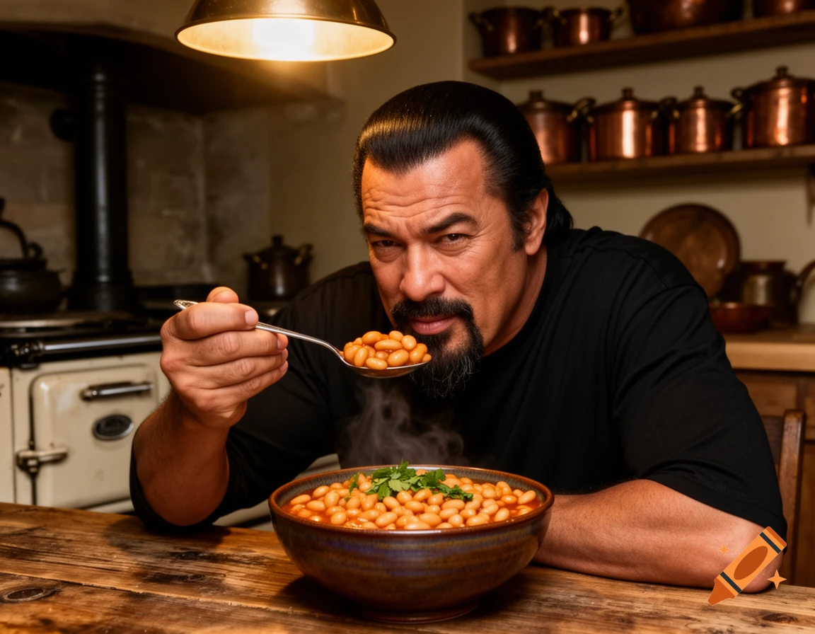 Steven Seagal intently eats a spoonful of beans from a bowl in a rustic kitchen, looking at the viewer.