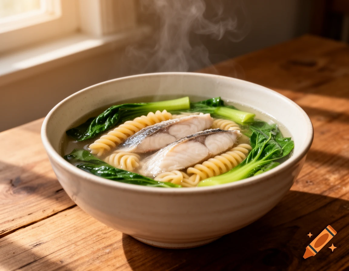 Steaming bowl of Chinese fish fillet, choy sum, and fusilli soup on a rustic wooden table in natural morning light.