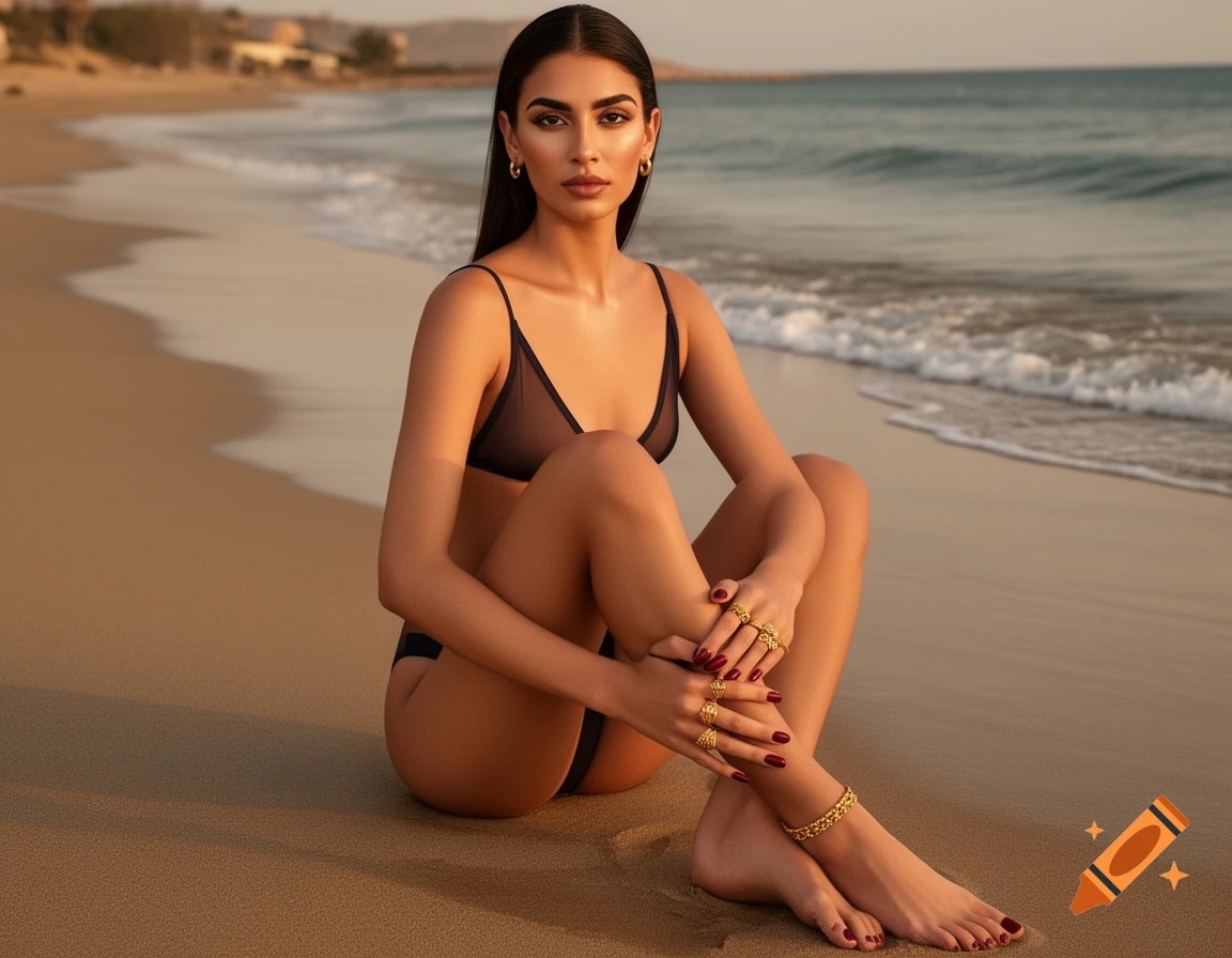 Photorealistic image of a woman in a sheer black bikini and gold jewelry sitting on a sandy beach at sunset.