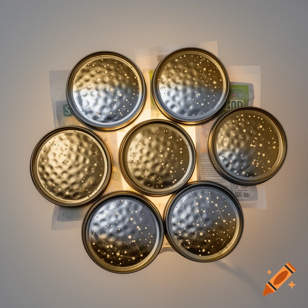 Overhead view of seven textured metal jar lids with white speckles, arranged on translucent paper that is faintly illuminated.