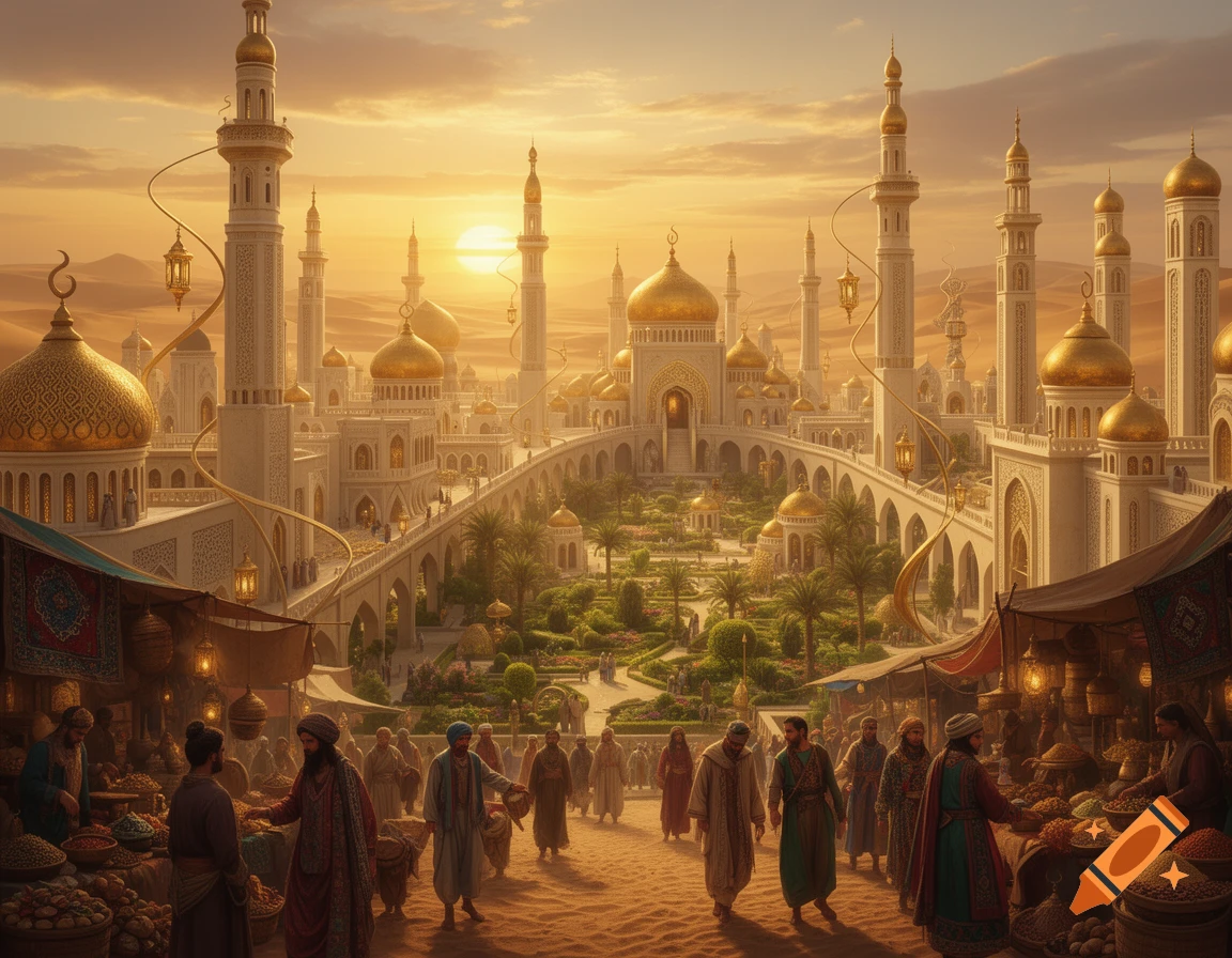 A golden city with minarets and domes rises from a desert, with a bustling market in the foreground under a sunset sky.