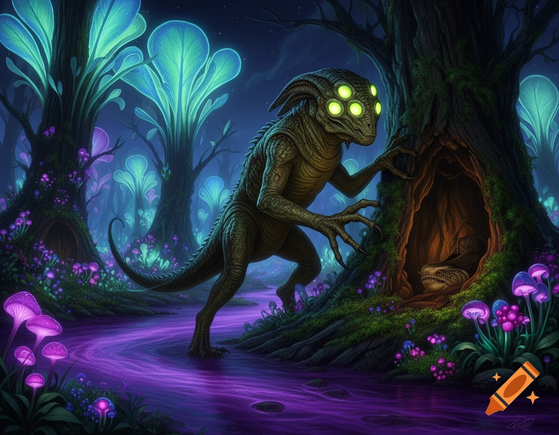 A green, four-eyed alien creature with long claws peers into a hollow tree in a glowing purple and blue bioluminescent forest.