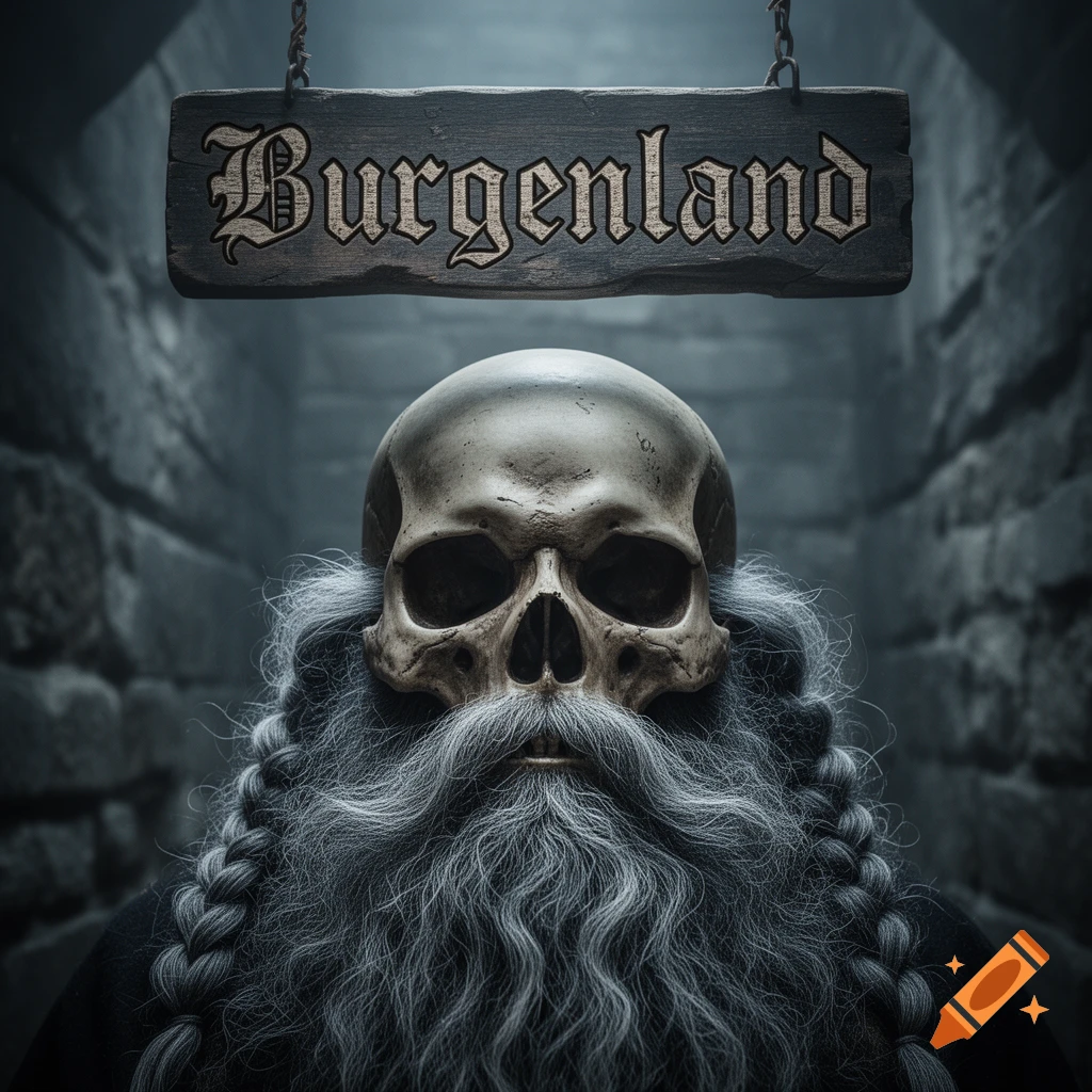 A skull with a long, grey braided beard in a dark tunnel, beneath a wooden sign reading 'Burgenland' in gothic script.