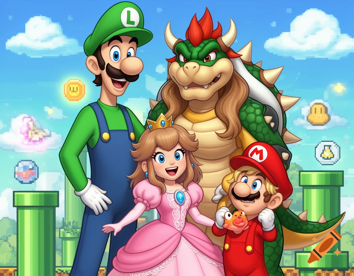 A cartoon family portrait with characters from Super Mario: Luigi, Bowser, Princess Peach, and Mario in a pixelated background.