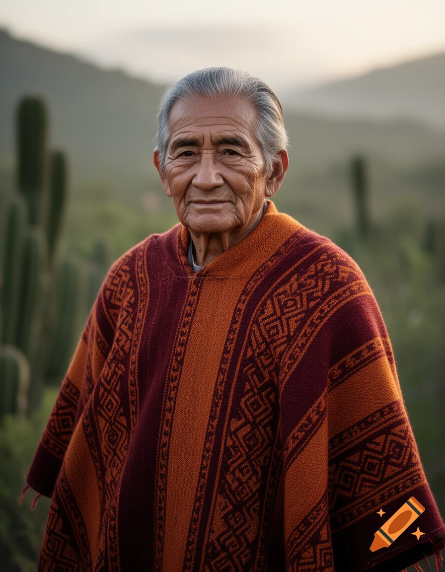 A photorealistic portrait of an elderly man with gray hair, wearing a patterned red and orange poncho, standing in an outdoor desert landscape.