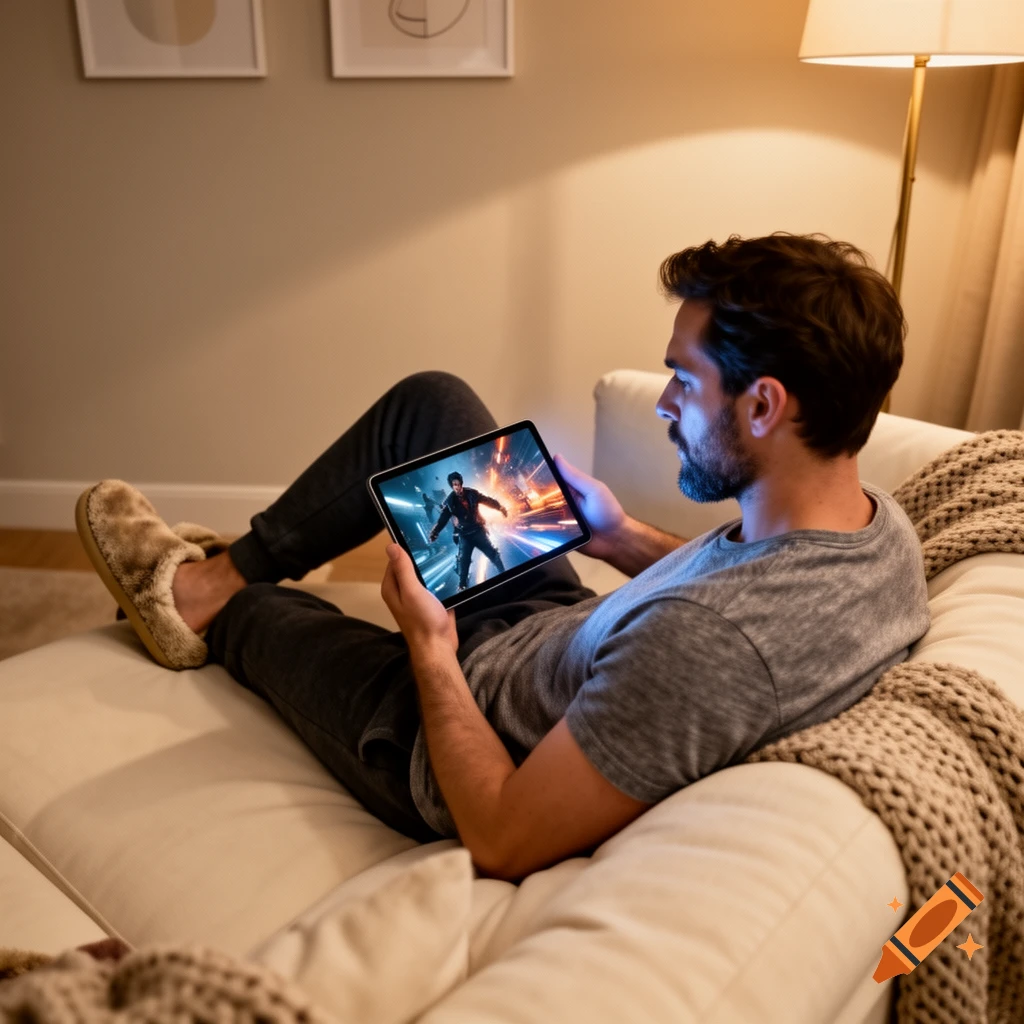 A man in slippers relaxes on a couch, watching a game or film on a tablet in a dimly lit living room.