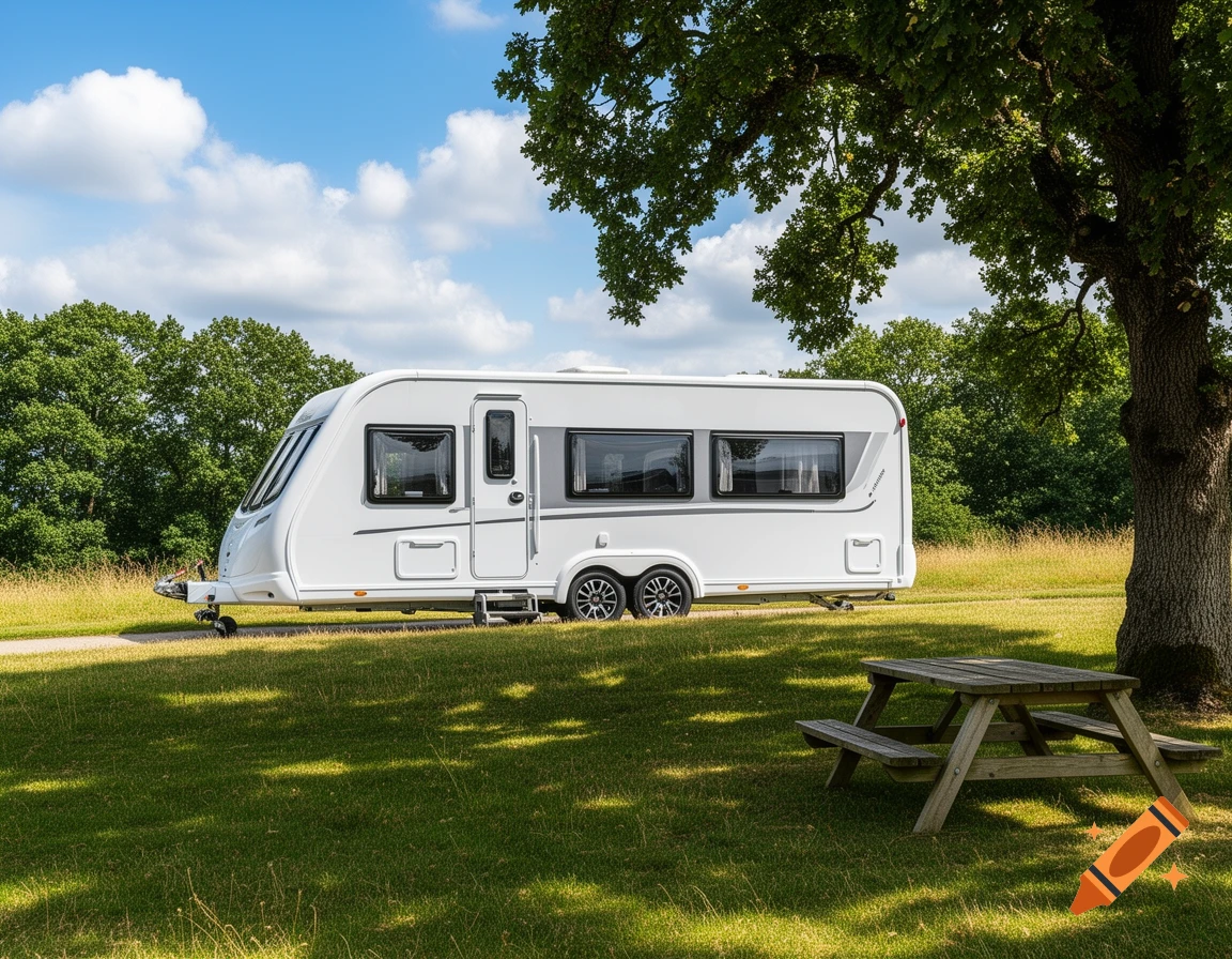A white caravan is parked in a sunny green field under a large oak tree, next to a wooden picnic table.
