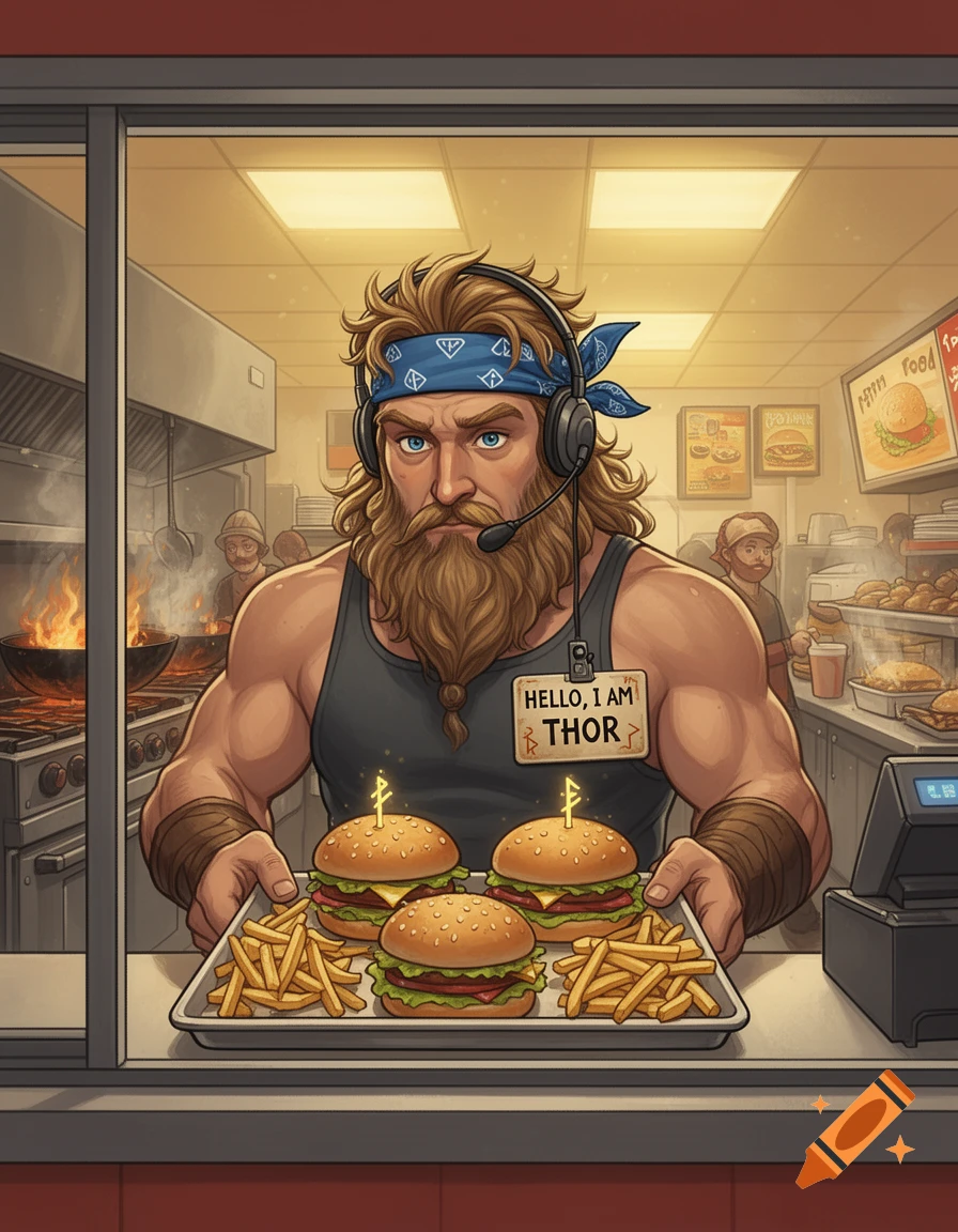 Illustrative image of a muscular, bearded Thor wearing a bandana and headset, holding a tray of burgers and fries at a fast-food window.