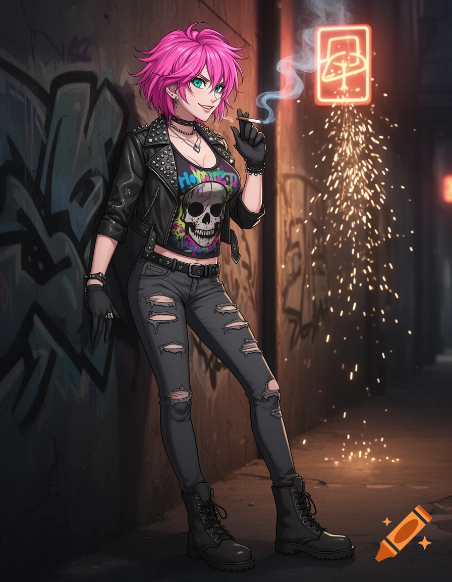 An anime girl with pink hair, a studded leather jacket, and ripped jeans leans against a graffiti-covered wall, smoking a cigarette.