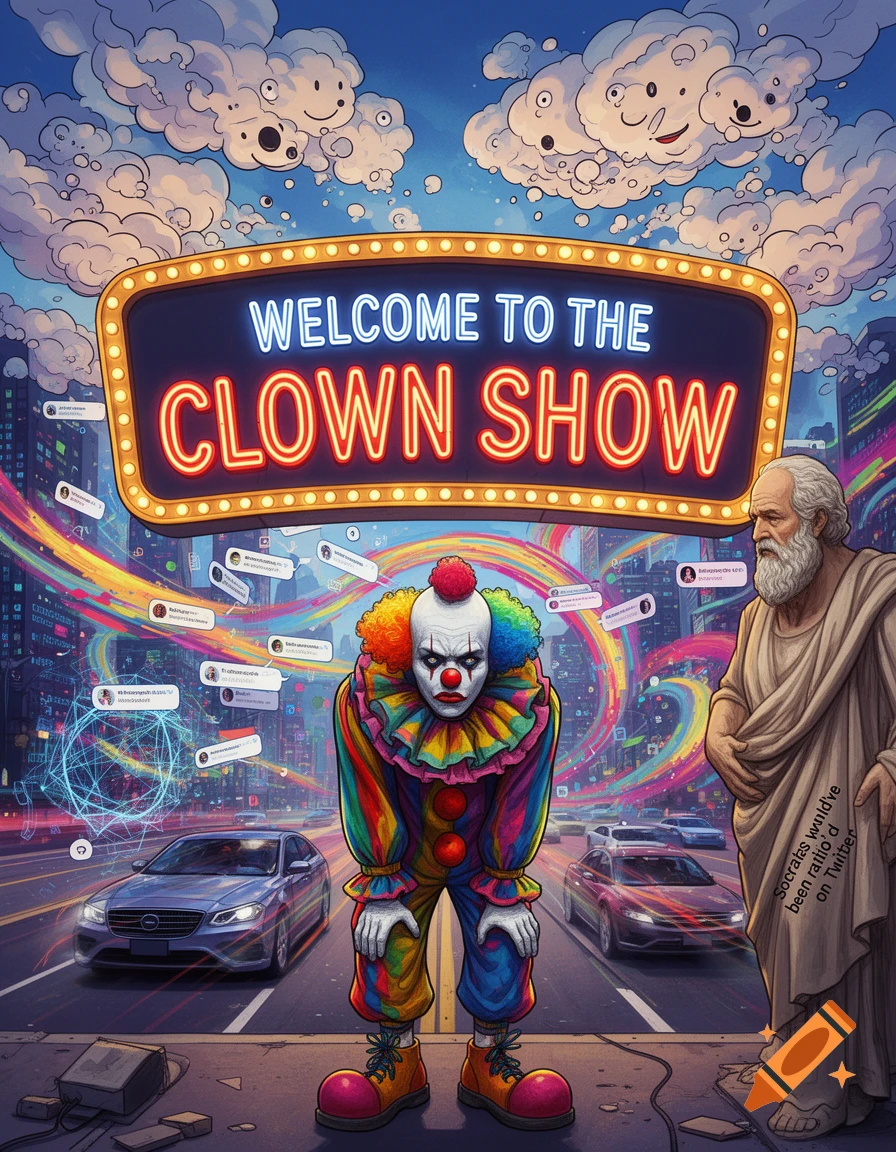 A sad clown and Socrates statue stand on a city street under a neon sign that reads "WELCOME TO THE CLOWN SHOW," surrounded by social media bubbles and colorful trails.