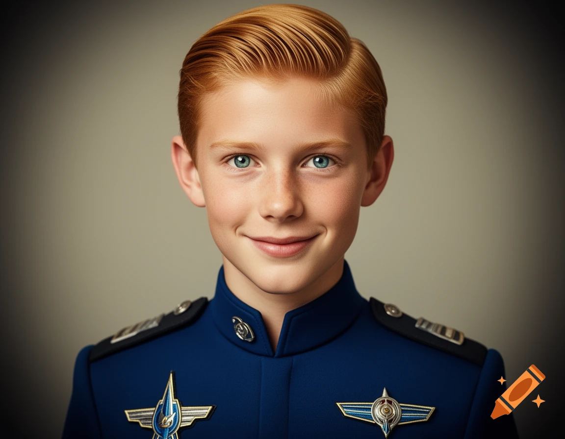A photorealistic portrait of a smiling young boy with red-blonde hair and blue-green eyes, wearing a dark blue uniform with futuristic badges.