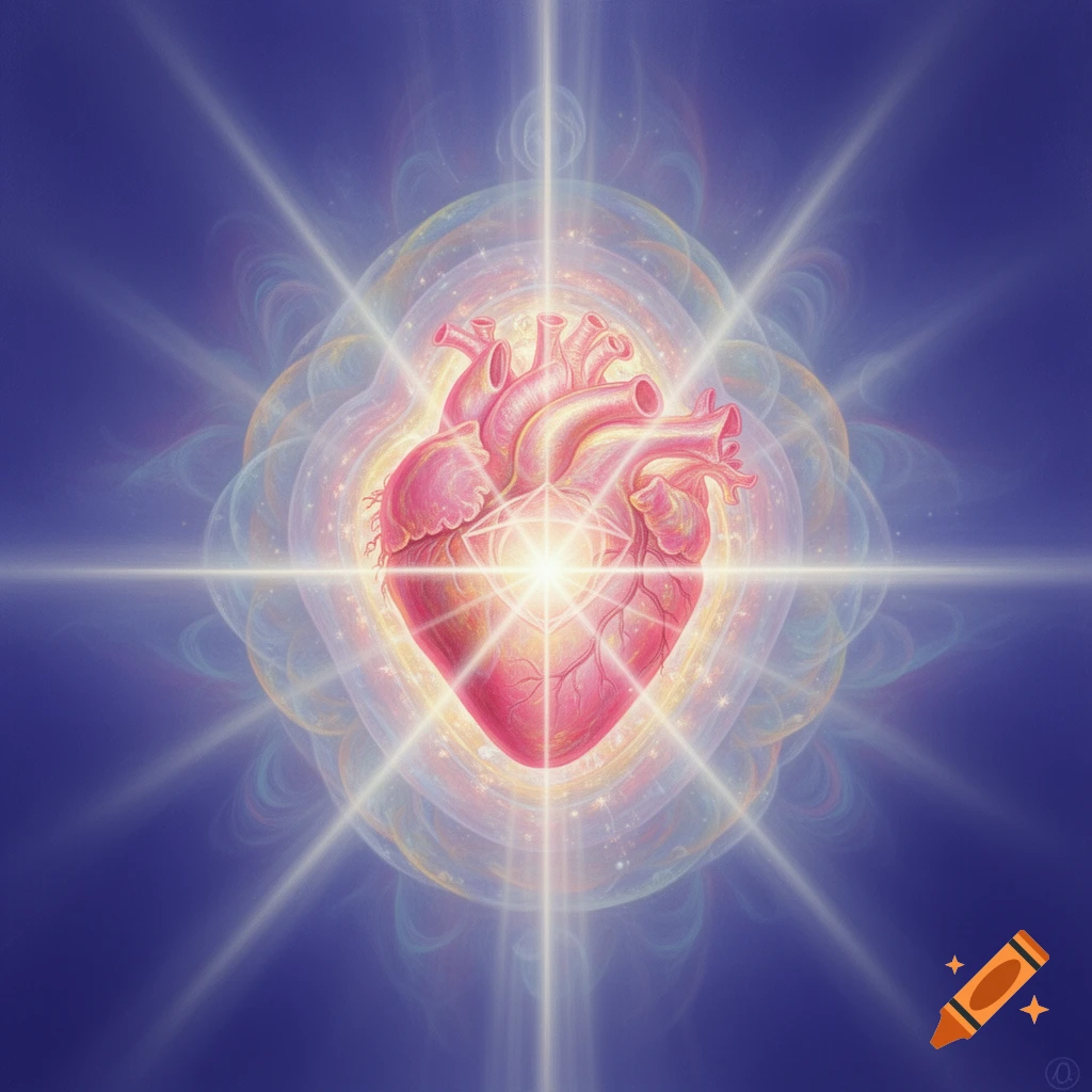 A vibrant, glowing anatomical heart surrounded by radiating light rays and ethereal fractal energy on a deep blue background.