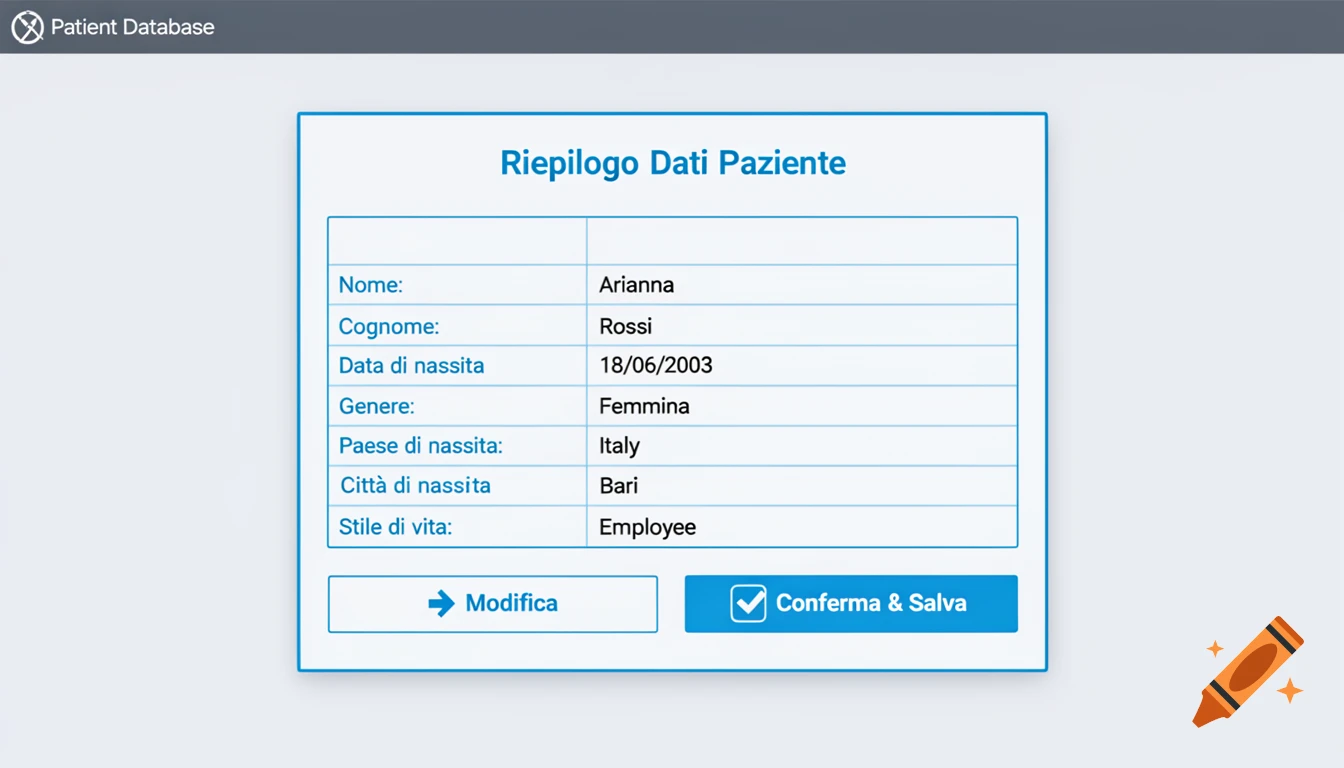 A modern, minimalist GUI for a patient database showing a summary of patient data, with 'Modifica' and 'Conferma & Salva' buttons.