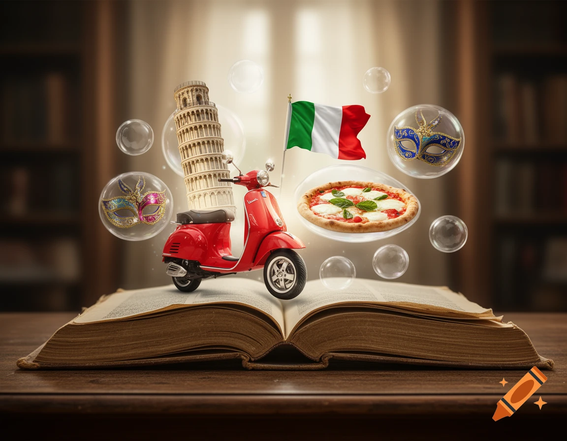 An open book on a wooden table with a red Vespa, the Leaning Tower of Pisa, a pizza, and an Italian flag floating above it among bubbles.