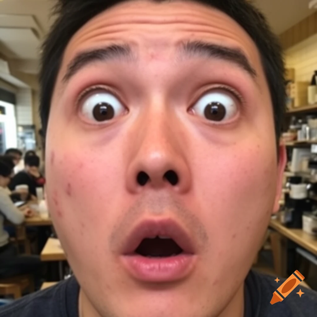 Close-up selfie of a man with wide eyes and open mouth, depicting a shocked expression in a cafe.