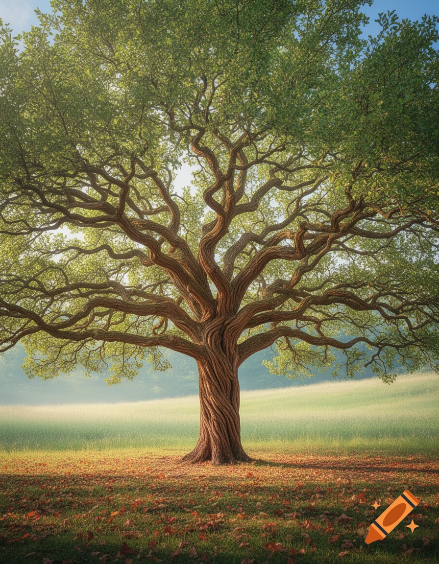 A large, old tree with a thick, twisted trunk and a full canopy of green leaves stands in a sunny field with fallen autumn leaves.