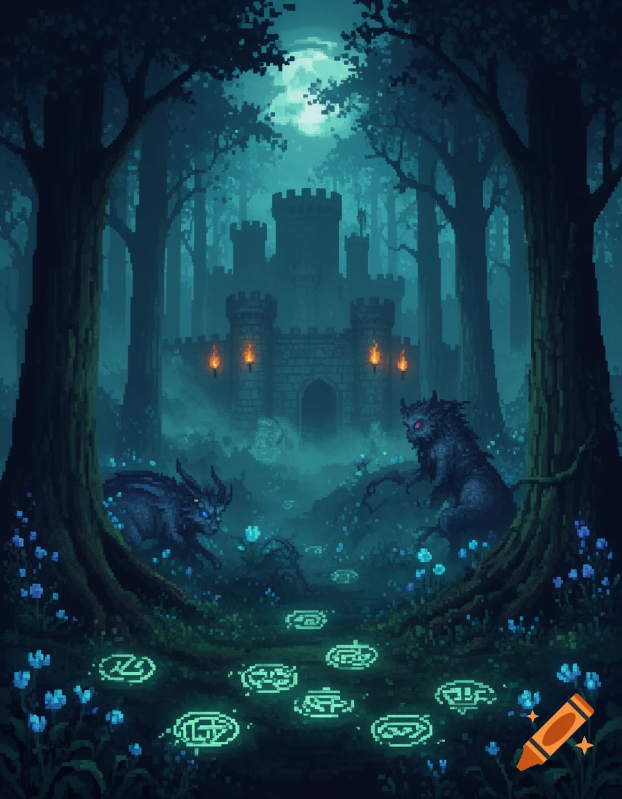 Pixel art of a dark castle in a misty forest, with glowing runes on a path leading to it, flanked by two monstrous creatures.