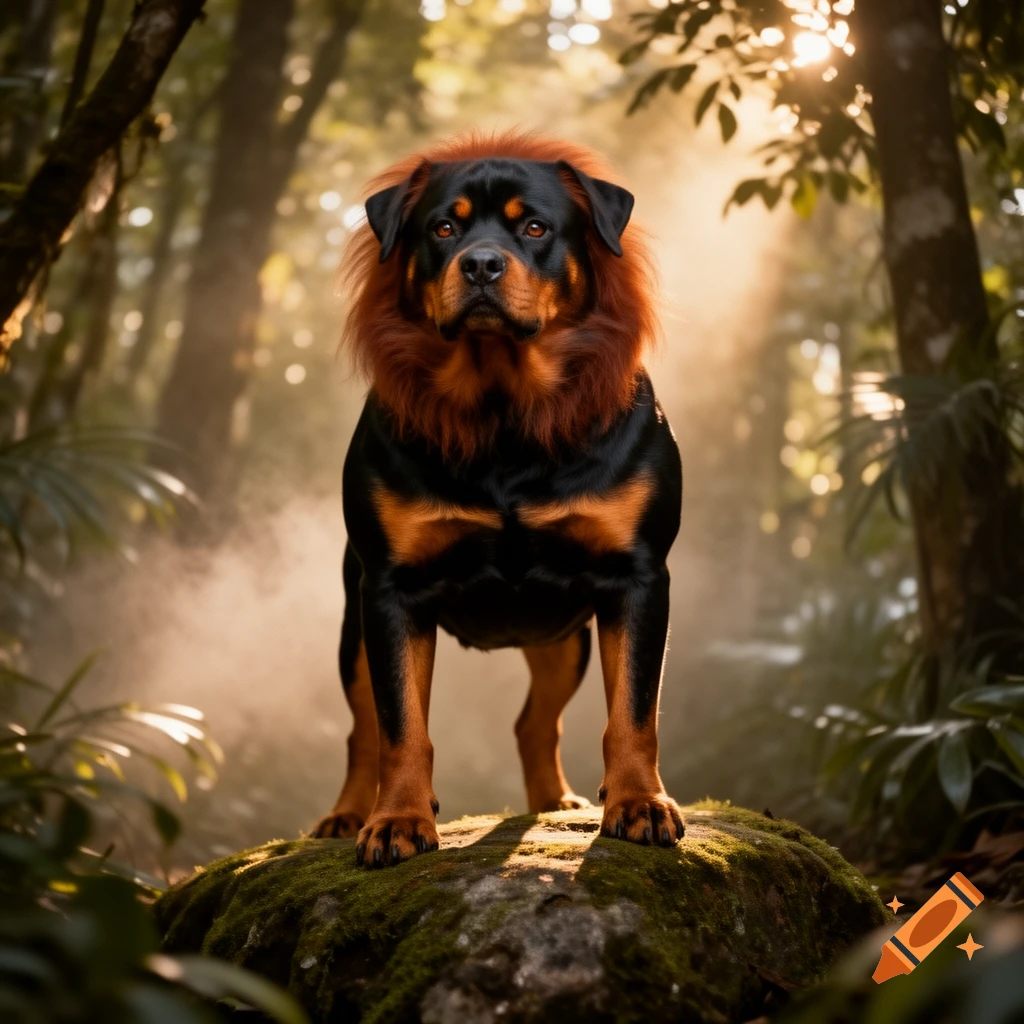 A majestic black and brown Rottweiler with a reddish-brown lion's mane ...