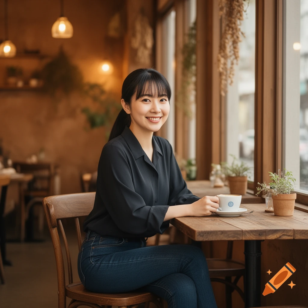 Smiling Asian woman with black hair, wearing a dark blouse and jeans, sits at a wooden table in a cozy cafe, holding a coffee cup.