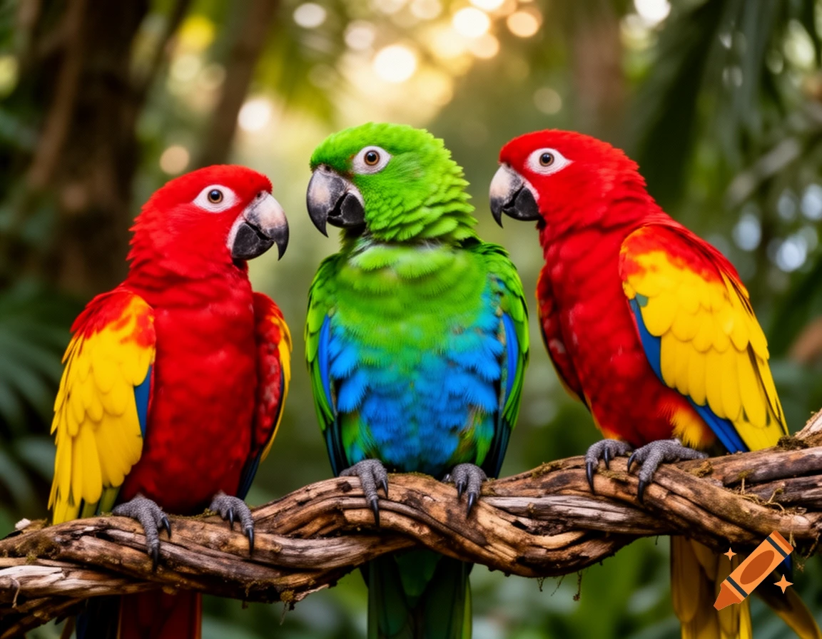 Three vibrant red and green parrots perched on a twisted branch in a lush, sunlit jungle.