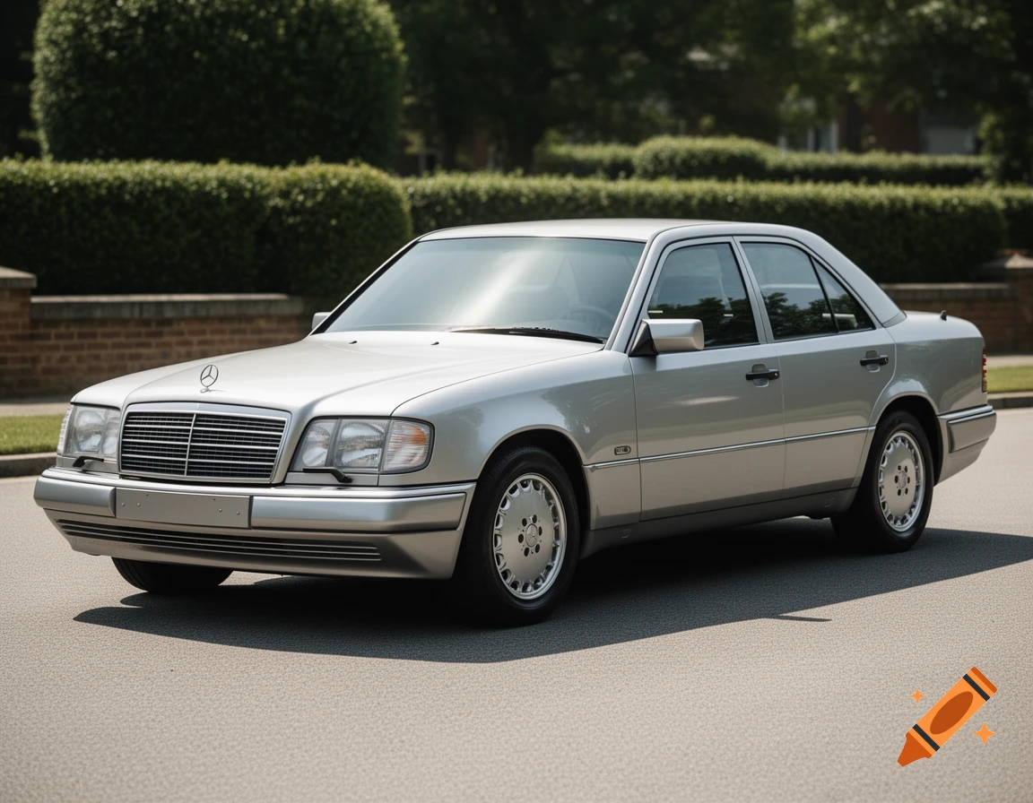 A silver Mercedes-Benz W124 sedan parked on asphalt in front of a brick wall and green hedges under sunlight.