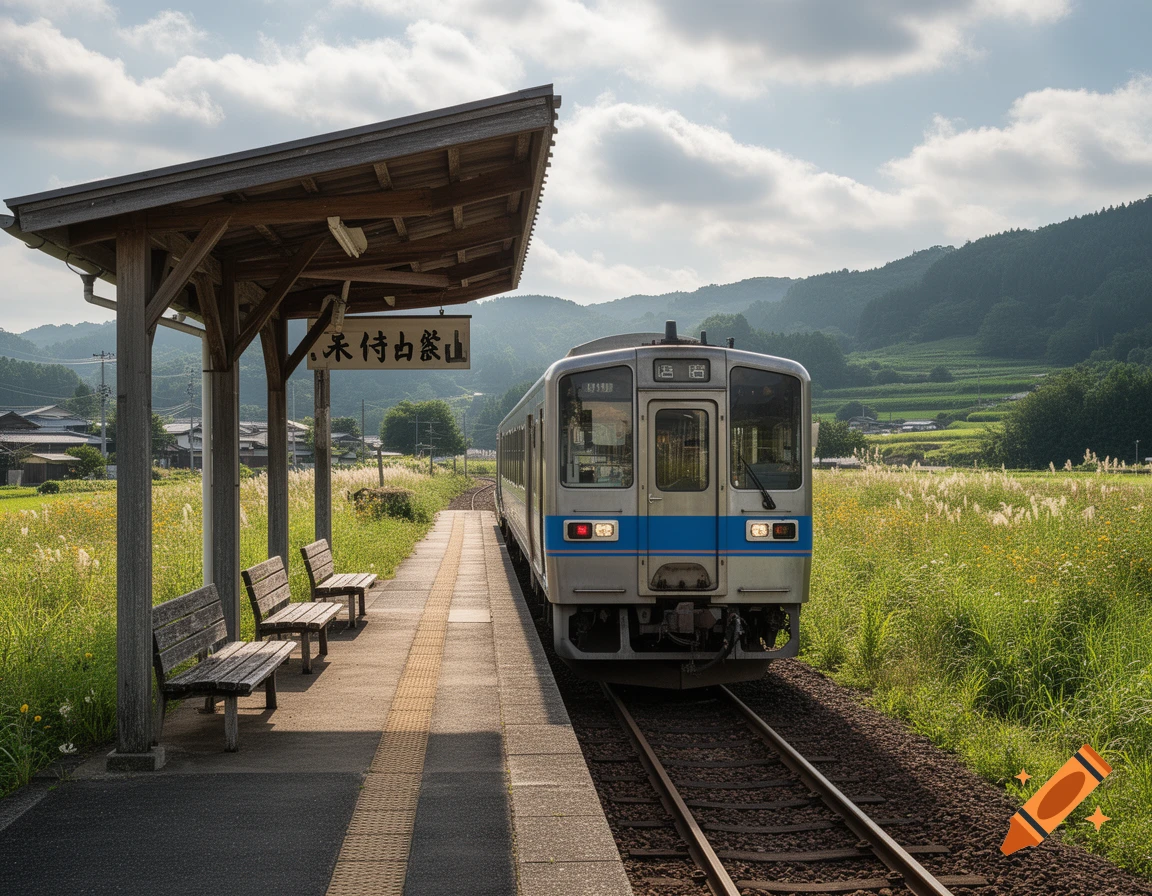 A silver and blue train pulls into a rural Japanese station with a wooden shelter, surrounded by green fields and hills under a cloudy sky.