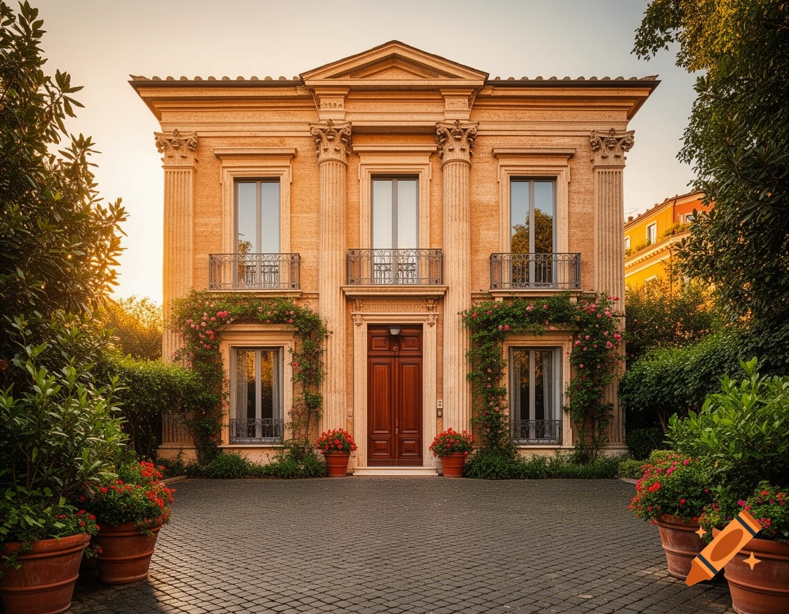 A stately Roman-style house with columns, balconies, and flowering vines, bathed in golden light, with a cobblestone driveway and potted plants.