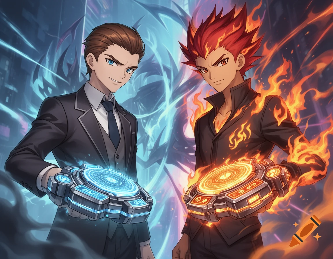 Anime illustration of two men, one in a suit with blue energy, the other with fiery red hair and flames, holding glowing futuristic devices.