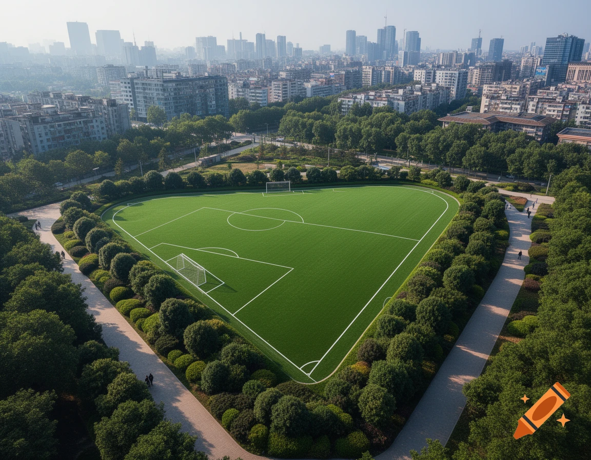 Aerial view of a triangular green football field surrounded by trees, with a city skyline in the background.