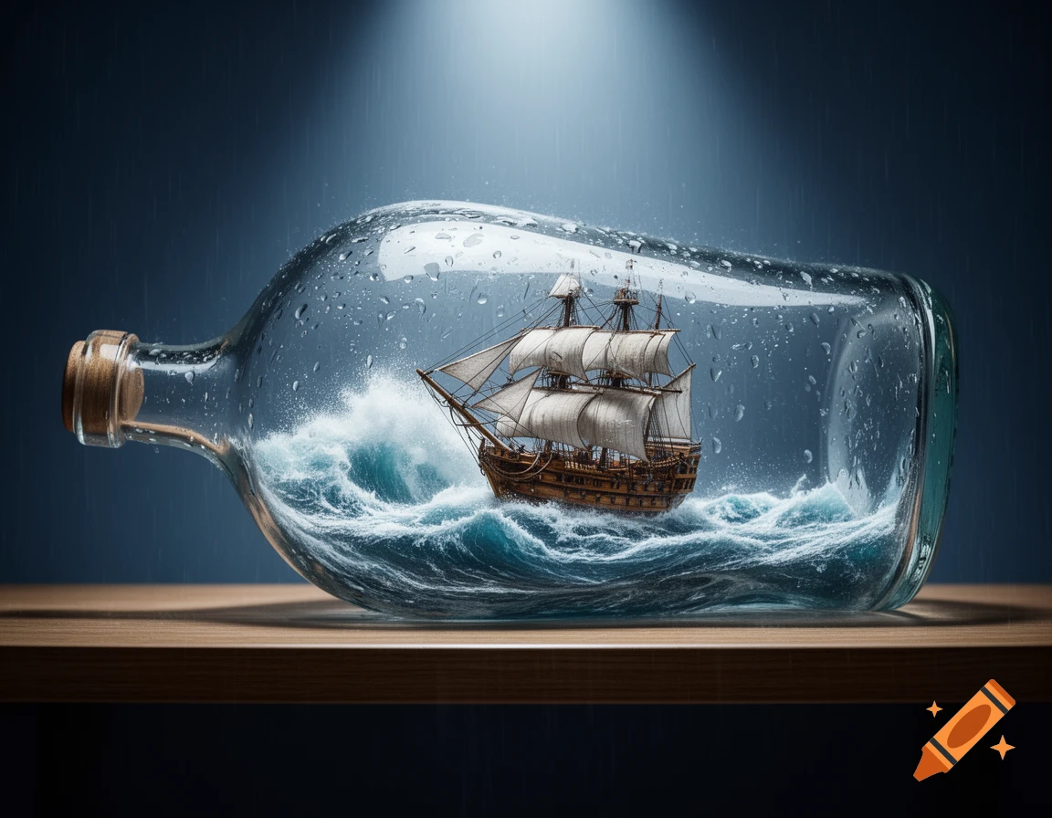 Photorealistic image of a vintage sailing ship on stormy waves inside a glass bottle, resting on a wooden surface.