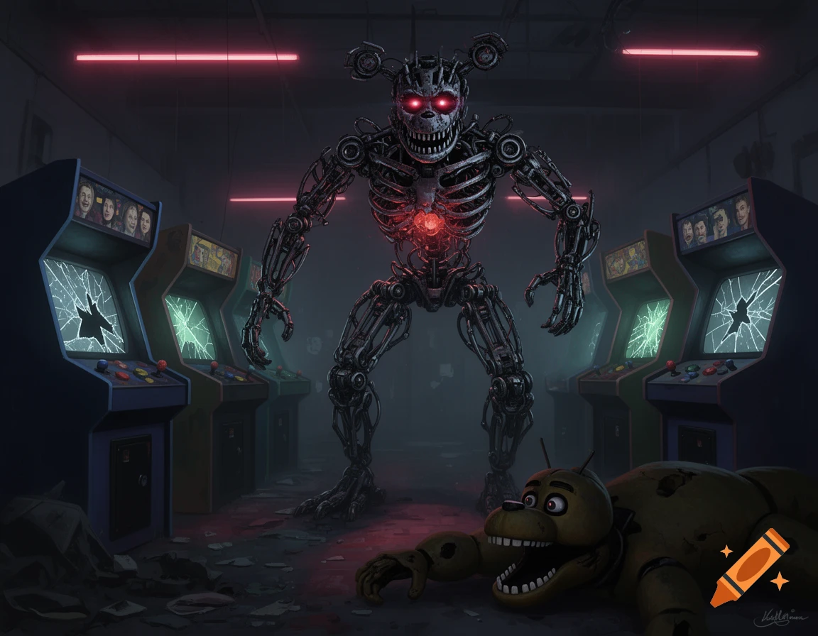 A menacing robotic skeleton with glowing red eyes stands over a deflated animatronic in a dark, damaged arcade.