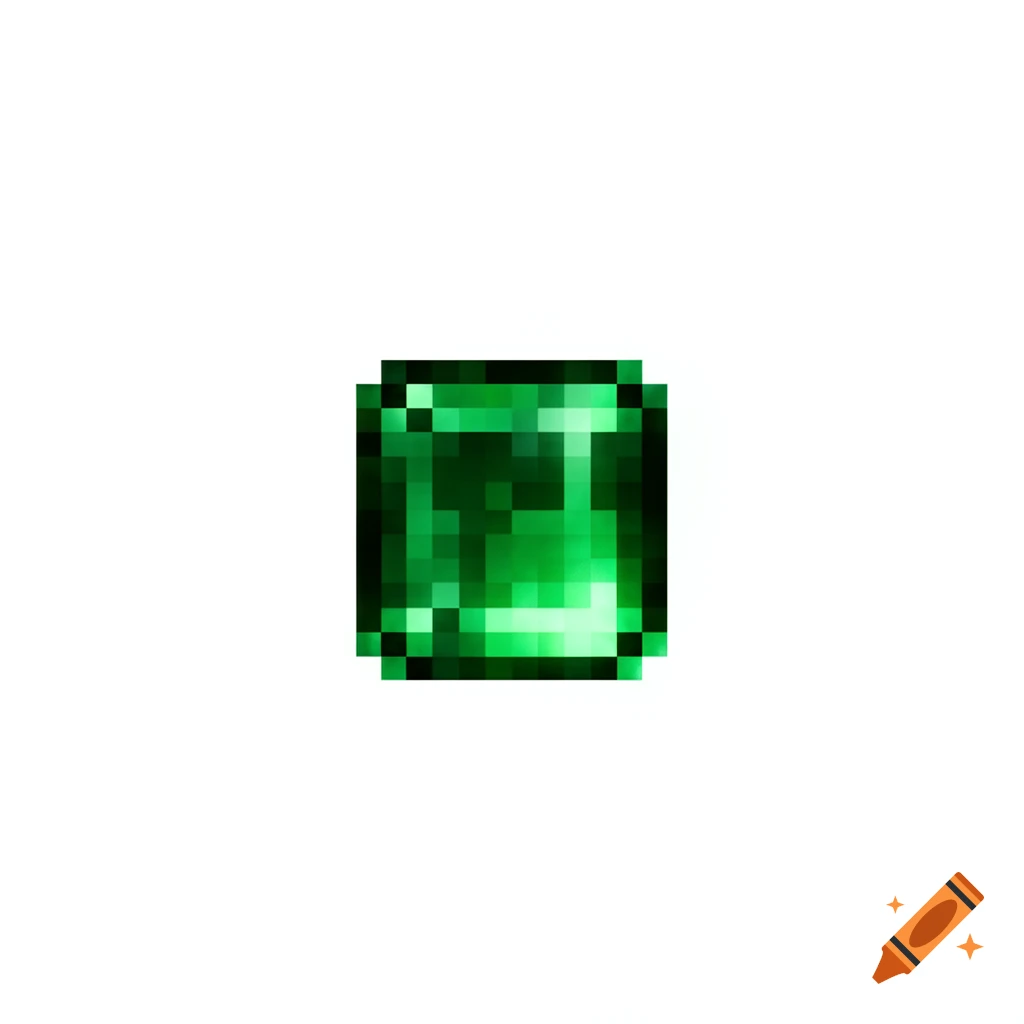 A pixelated green emerald, resembling a 16x16 Minecraft texture, against a white background.