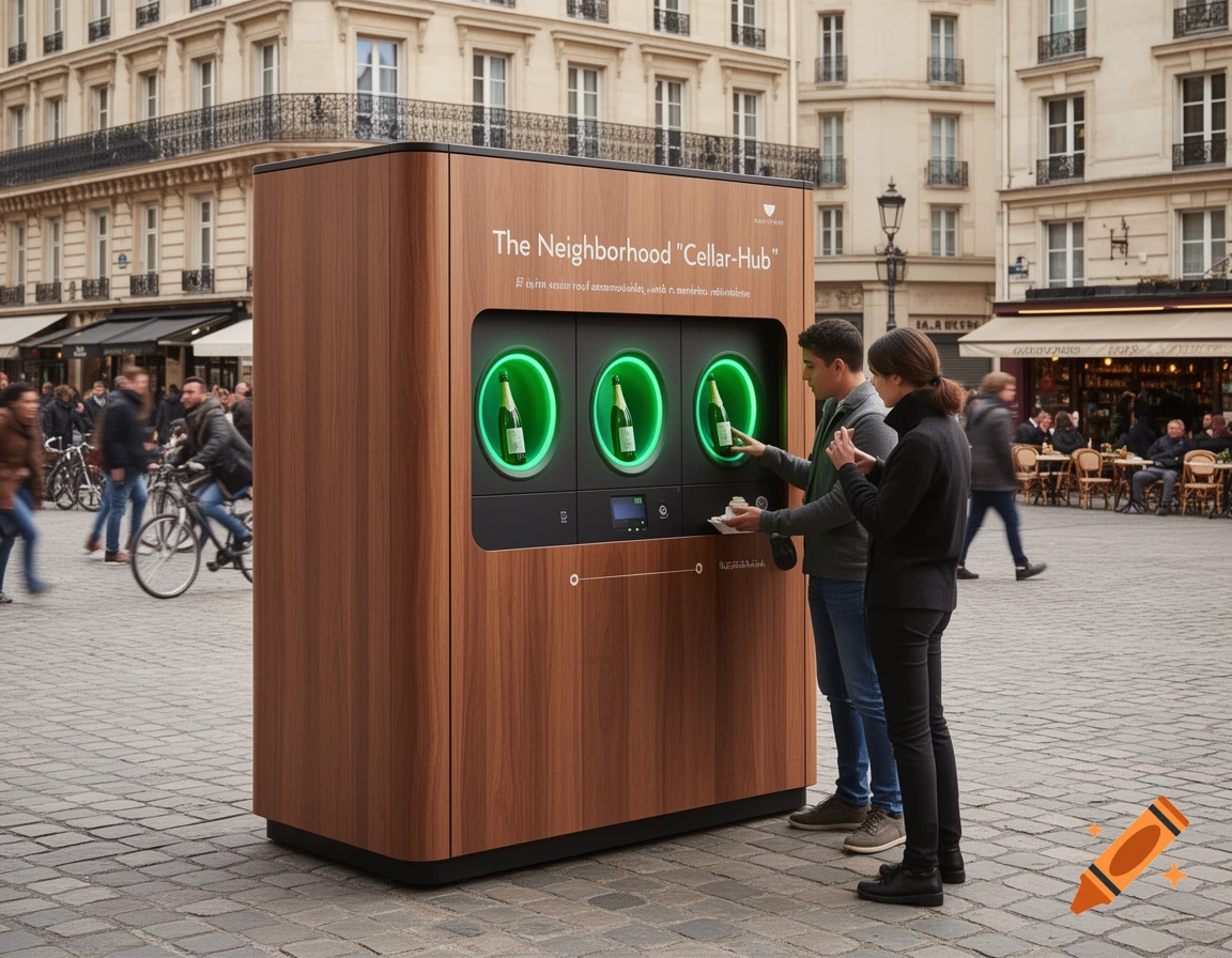 Two people interact with a modern wood-paneled bottle return kiosk in a bustling European city square.