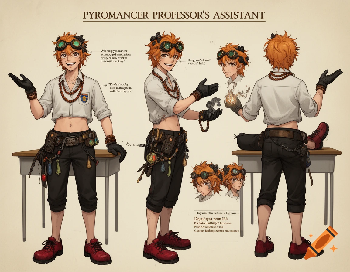 Retro anime concept art of a male pyromancer assistant with orange hair, goggles, a cropped shirt, and utility belt, shown from multiple angles.