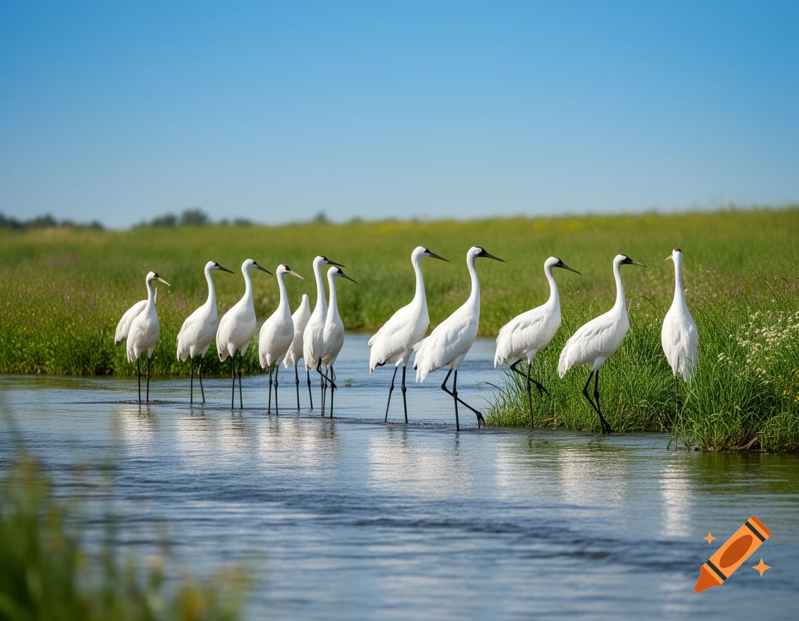 A line of white cranes standing in a shallow river with green fields and a clear blue sky in the background.