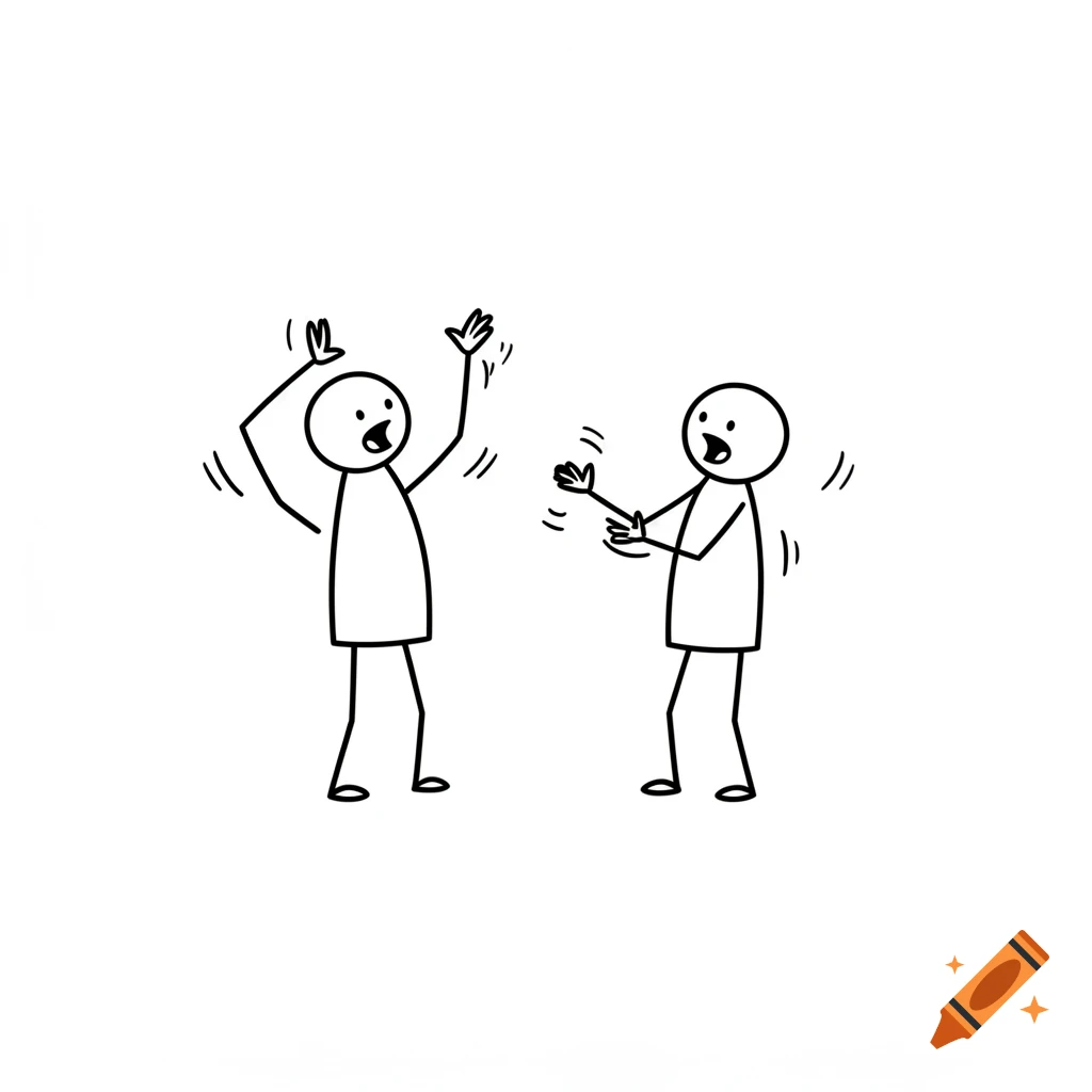 Two black stick figures on a white background, one raising arms, the other gesturing with hands, depicting a lively discussion in a clear cartoon style.