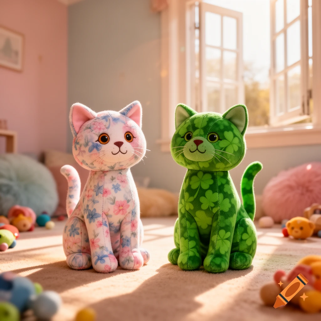 Two plush cat toys, one with a floral pattern and the other green with clovers, sit on a rug in a sunlit child's room.