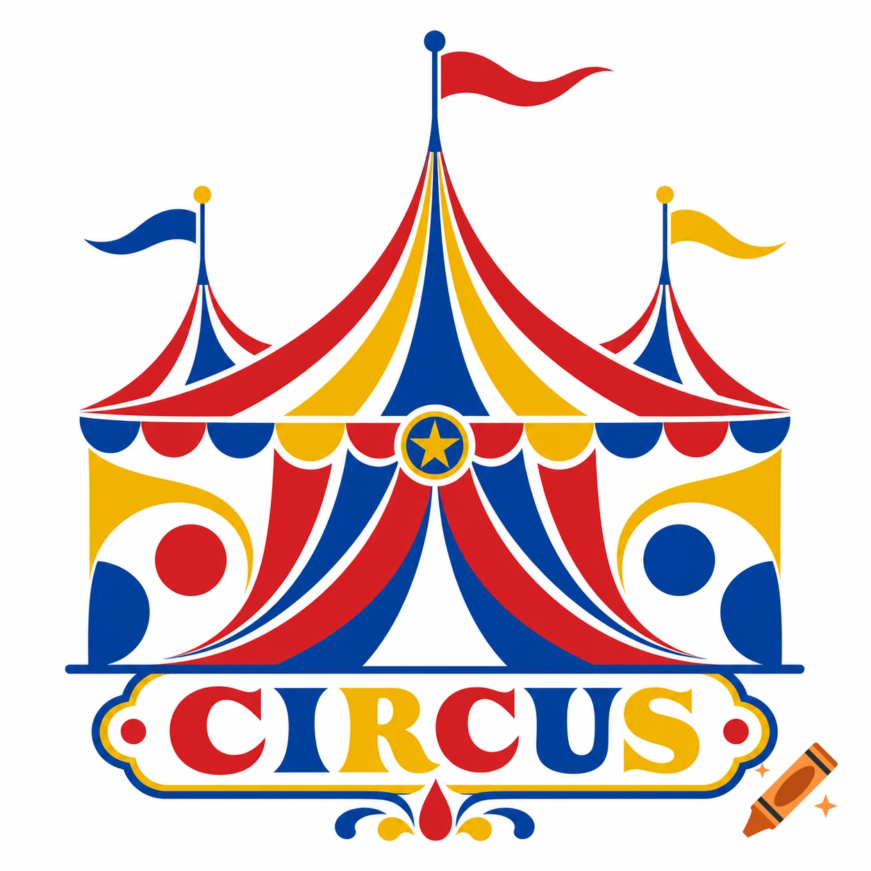 A stylized three-color logo of a circus tent with red, blue, and yellow stripes, flags, and a star, with the word "CIRCUS" below.