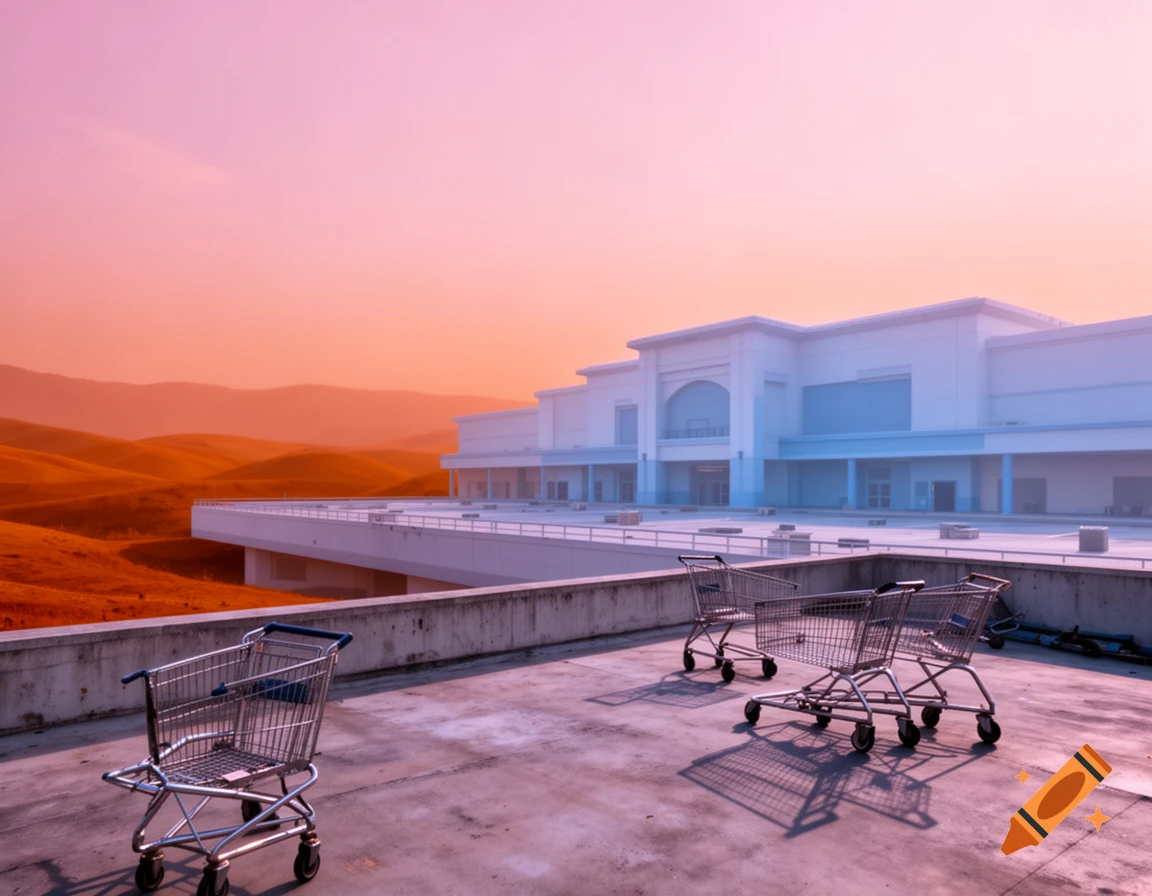 Shopping carts on a concrete platform overlook a white mall and orange hills under a hazy, pink-orange sky, in a dreamcore style.