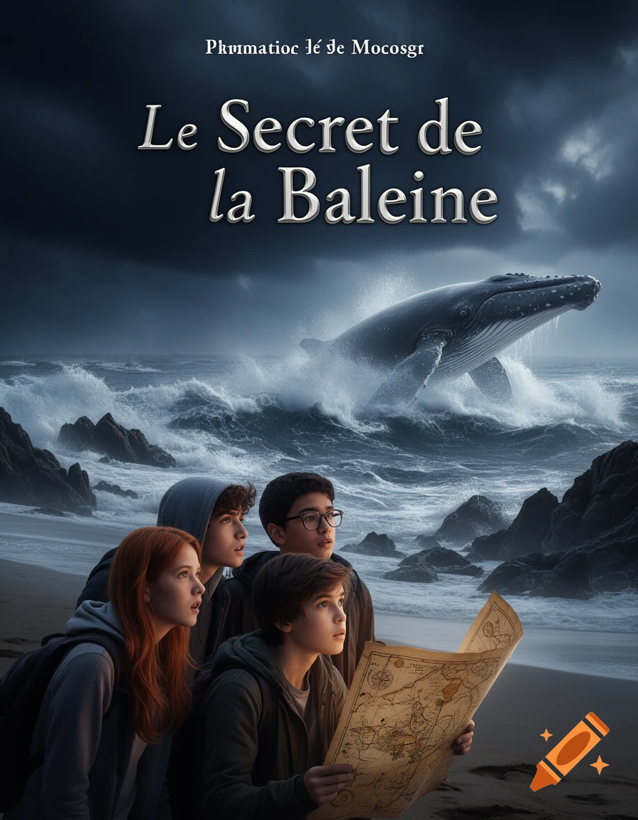 Four teenagers with a map on a stormy beach look at a breaching whale. Book cover art.