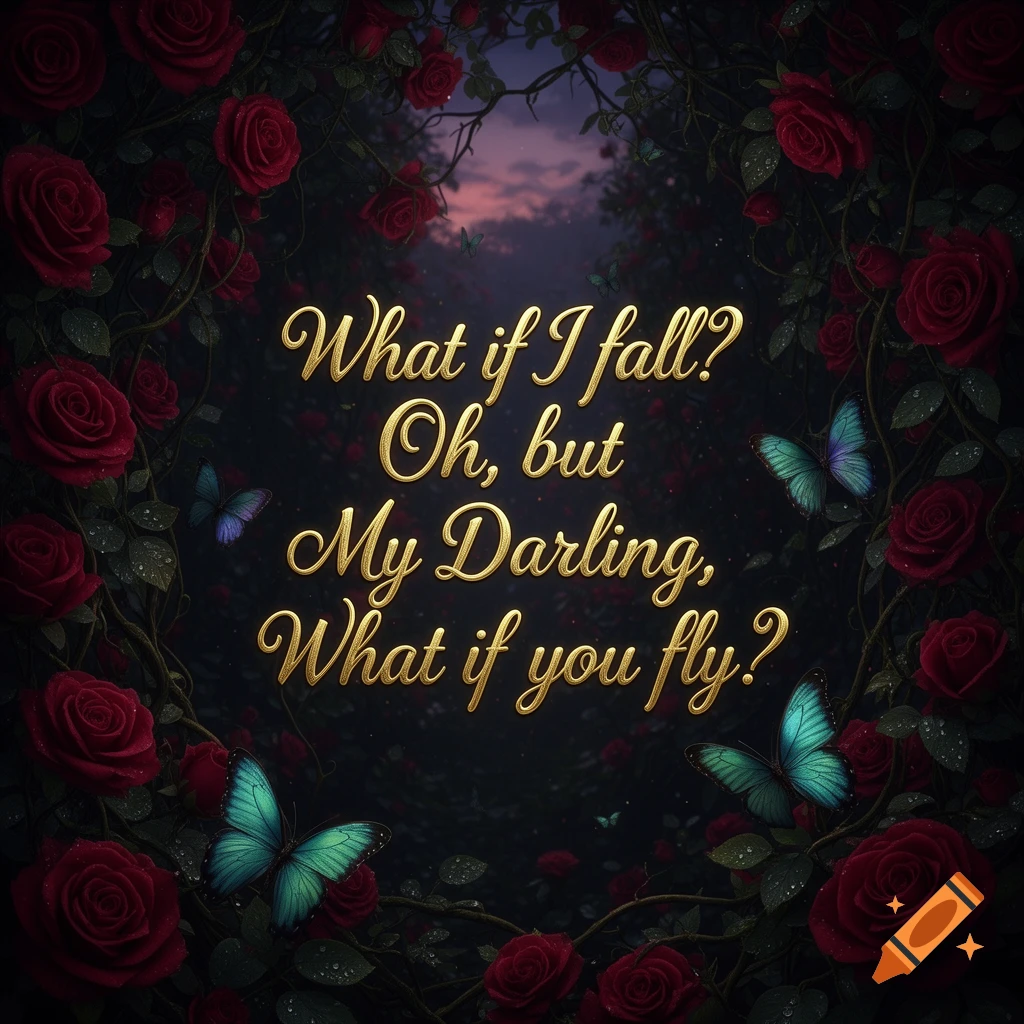 Gothic background with red roses and blue butterflies framing golden script text that reads: "What if I fall? Oh, but My Darling, What if you fly?"