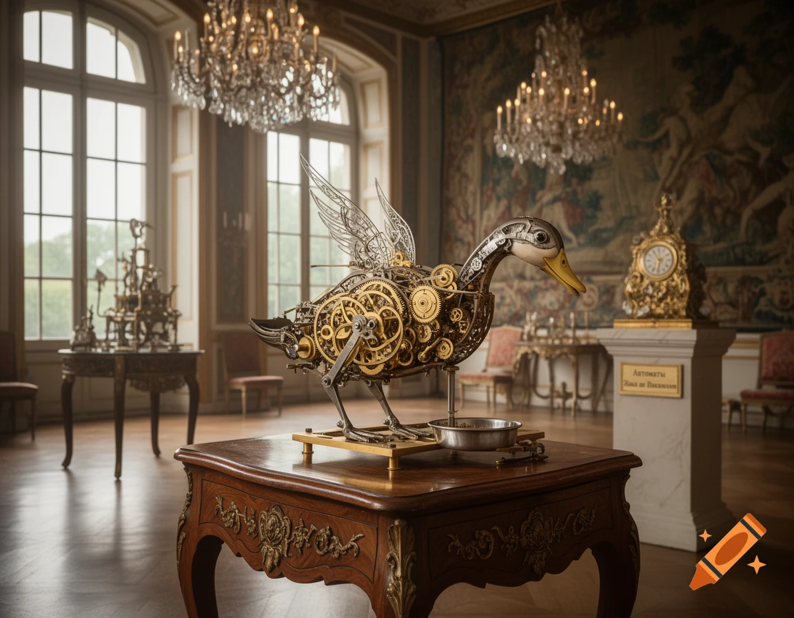 A detailed steampunk mechanical duck automaton with gears and wings sits on an ornate table in a grand hall.
