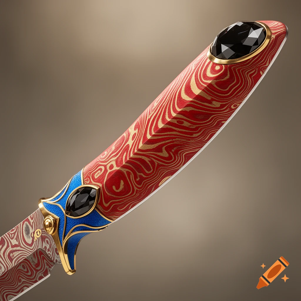 Close-up of a decorative knife handle with red and gold damascus pattern, blue and gold enamel, and a black gemstone.