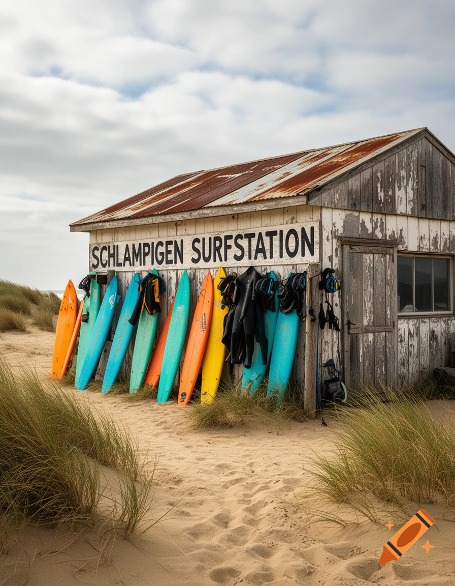 A rustic wooden surf station with colorful surfboards leaning against it on a sandy beach with tall grass under a cloudy sky.