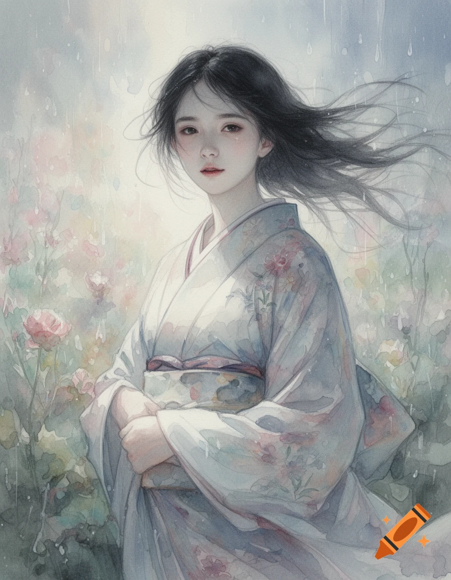 A watercolor painting of a young woman in a light kimono, standing among soft pink flowers in gentle rain.