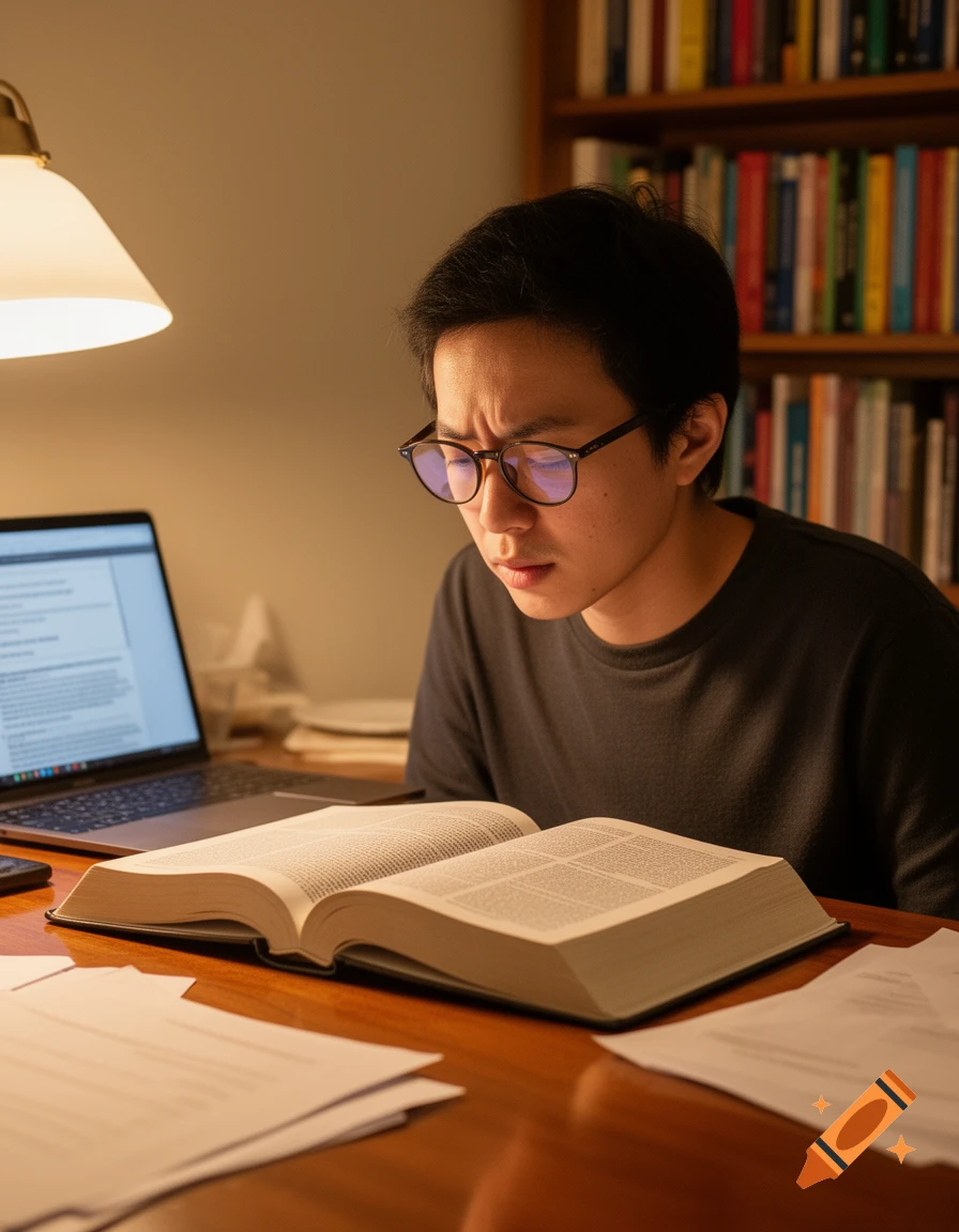 A person with glasses intently studying a large book and laptop at a desk with a lamp and bookshelf in the background.