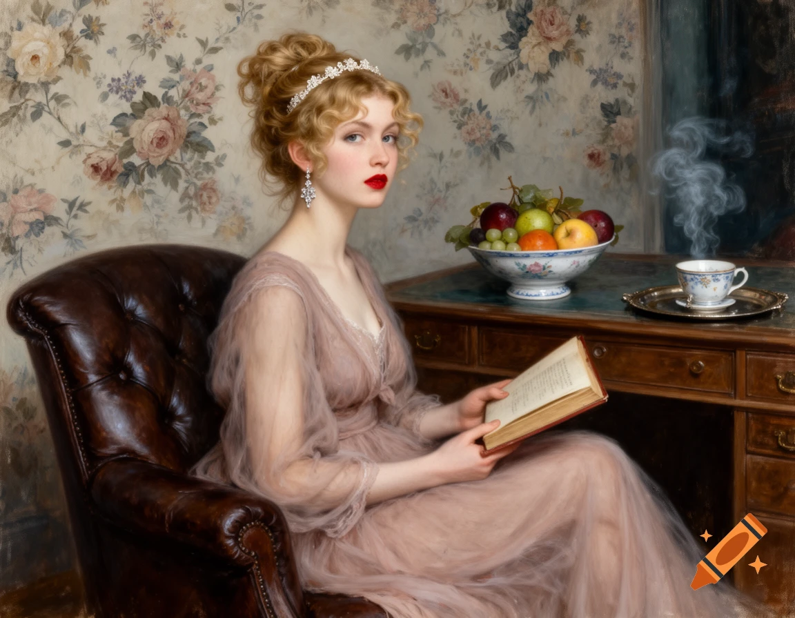 A classical oil painting of a young blonde woman in a sheer pink dress, seated in a brown leather armchair, holding an open book and looking at the viewer. A bowl of fruit and a steaming teacup sit on a desk beside her, against a floral wallpaper background.