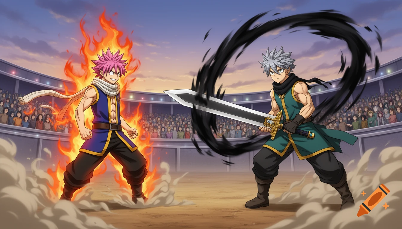 Two anime characters, one engulfed in flames and the other wielding a large sword with dark energy, face each other in an arena.