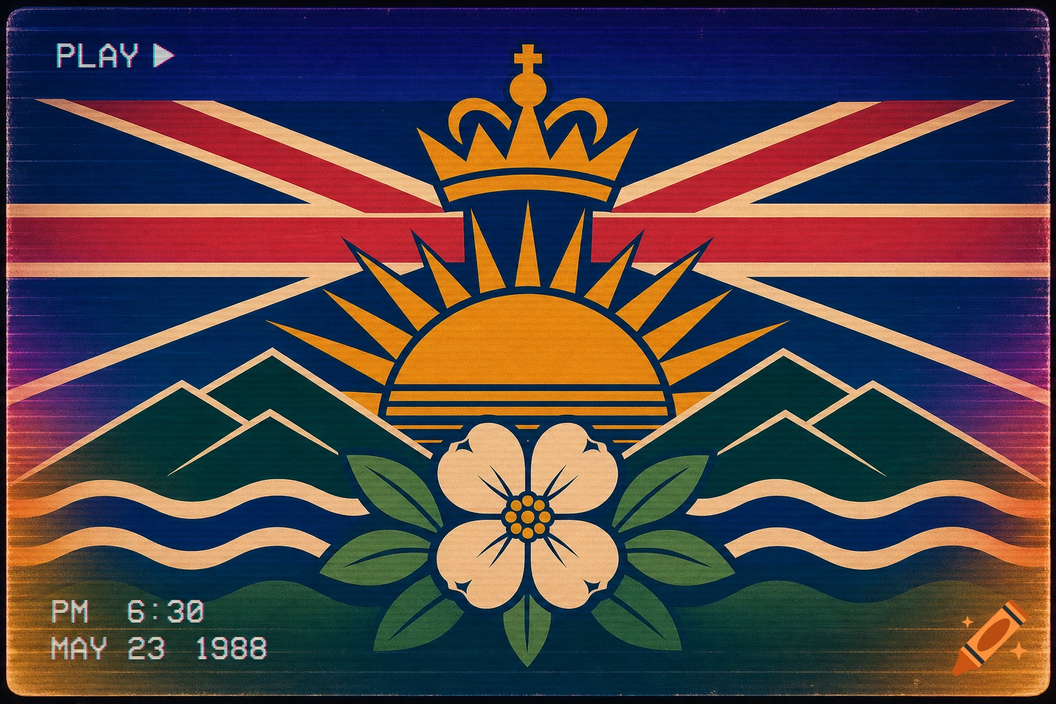Retro VHS-style depiction of the British Columbia flag, featuring the Union Jack, sun, mountains, dogwood flower, and crown, with an 80s timestamp.